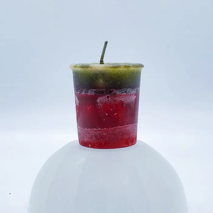 Crystal Journey Candles Earrings Frankincense Myrrh Dark Green and Red Votive Intention Candle Reiki Charged