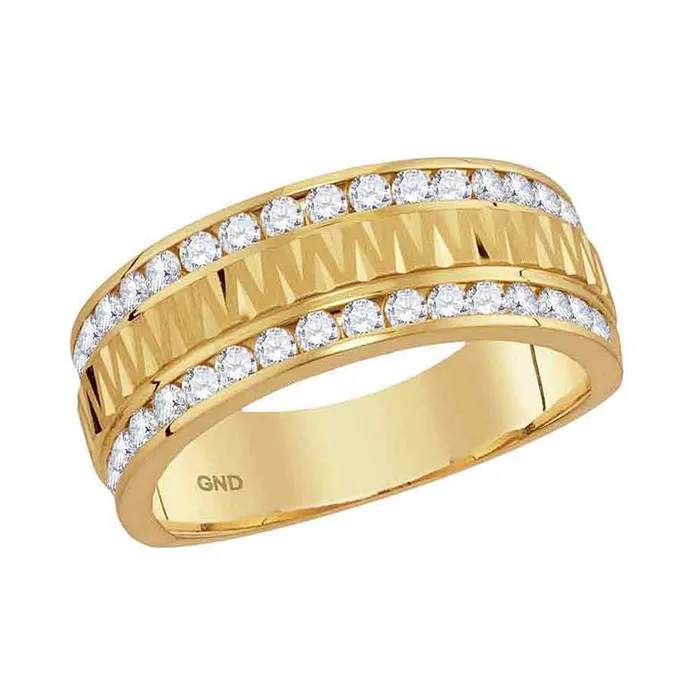 Rings mayamila 14kt Yellow Gold Mens Round Channelset Diamond Grecco Textured Double Row Wedding Band Ring 100 Cttw Rings mayamila 14kt Yellow Gold Mens Round Channelset Diamond Grecco Textured Double Row Wedding Band Ring 100 Cttw