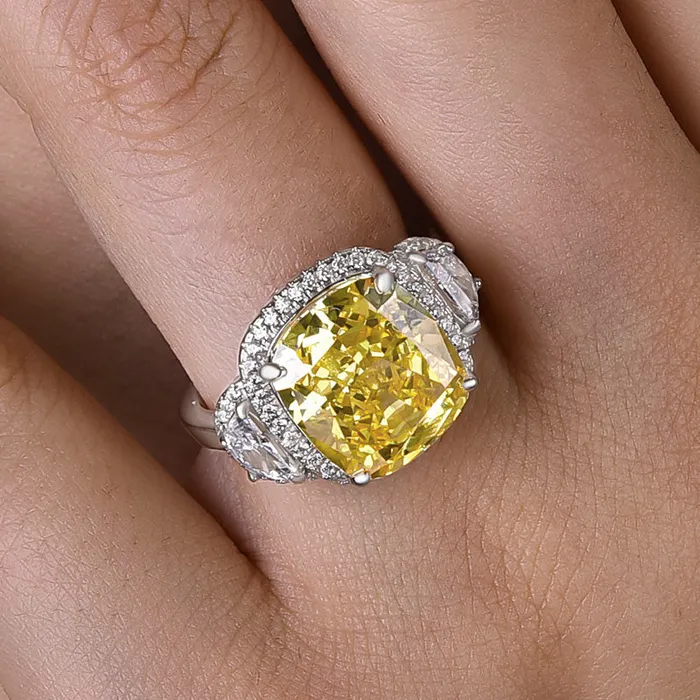 Rings Shineofdiamond Halo Yellow Cushion Cut Three Stone Sterling Silver Engagement Ring