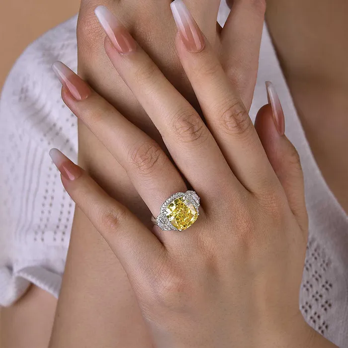 Rings Shineofdiamond Halo Yellow Cushion Cut Three Stone Sterling Silver Engagement Ring