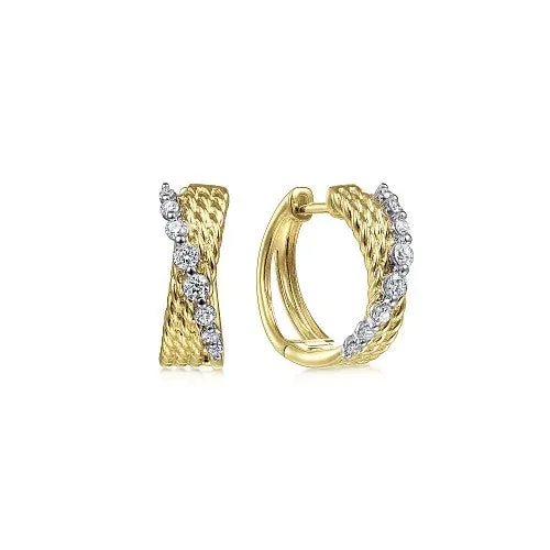 Earrings 14K YellowWhite Gold Twisted 15mm Diamond Huggie Earrings GABRIEL CO Earrings 14K YellowWhite Gold Twisted 15mm Diamond Huggie Earrings GABRIEL CO