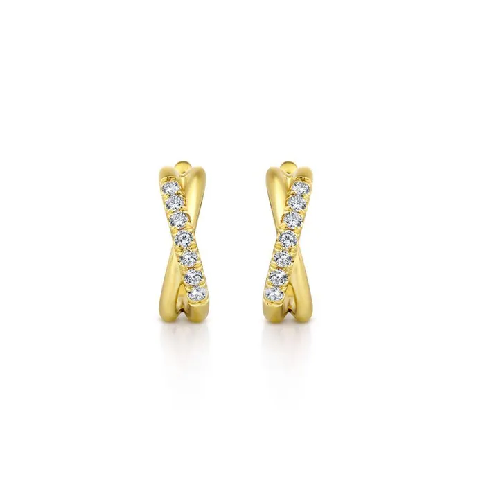 Earrings GABRIEL CO 14K Yellow Gold Twisted 15mm Diamond Huggies