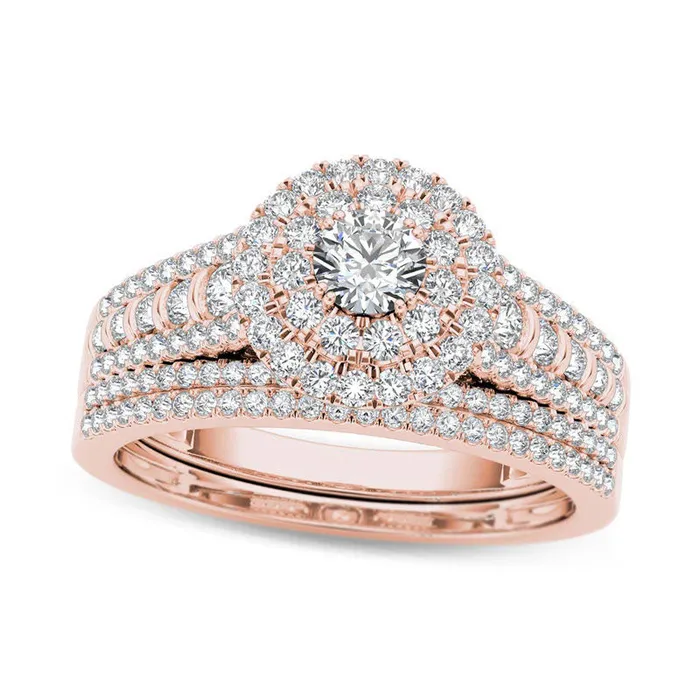 10 CT TW Natural Diamond Double Frame MultiRow Bridal Engagement Ring Set in Solid 14K Rose Gold Goldia Rings 10 CT TW Natural Diamond Double Frame MultiRow Bridal Engagement Ring Set in Solid 14K Rose Gold Goldia Rings