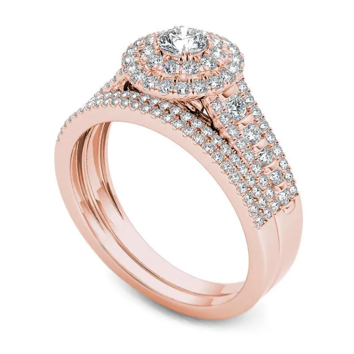 10 CT TW Natural Diamond Double Frame MultiRow Bridal Engagement Ring Set in Solid 14K Rose Gold Goldia Rings 10 CT TW Natural Diamond Double Frame MultiRow Bridal Engagement Ring Set in Solid 14K Rose Gold Goldia Rings