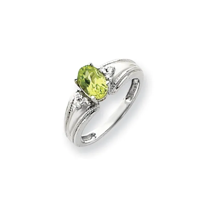 14k White Gold 7x5mm Oval Peridot Checker VS Diamond ring Goldia Rings