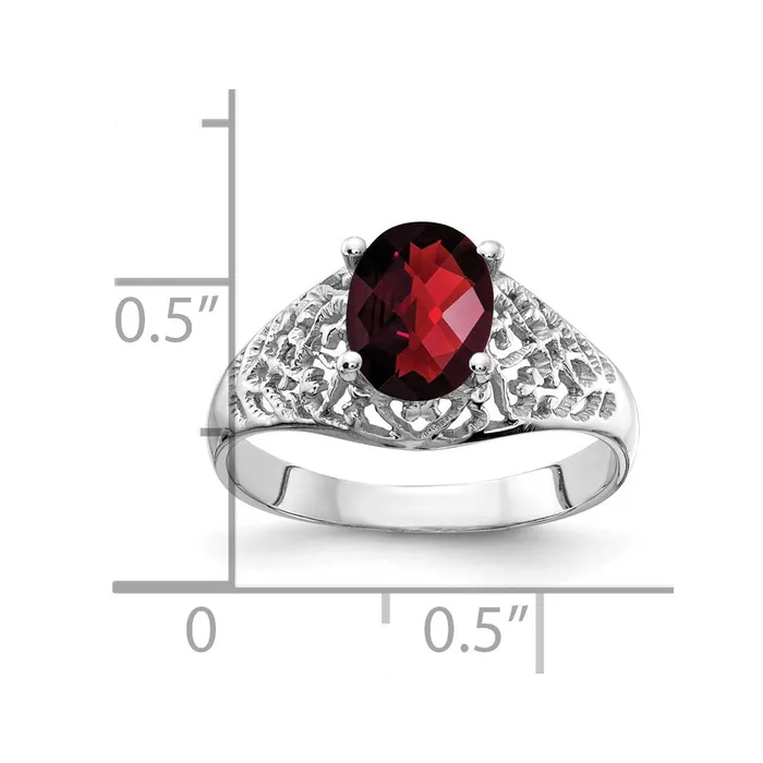 14k White Gold 8x6mm Oval Garnet Checker ring Goldia Rings