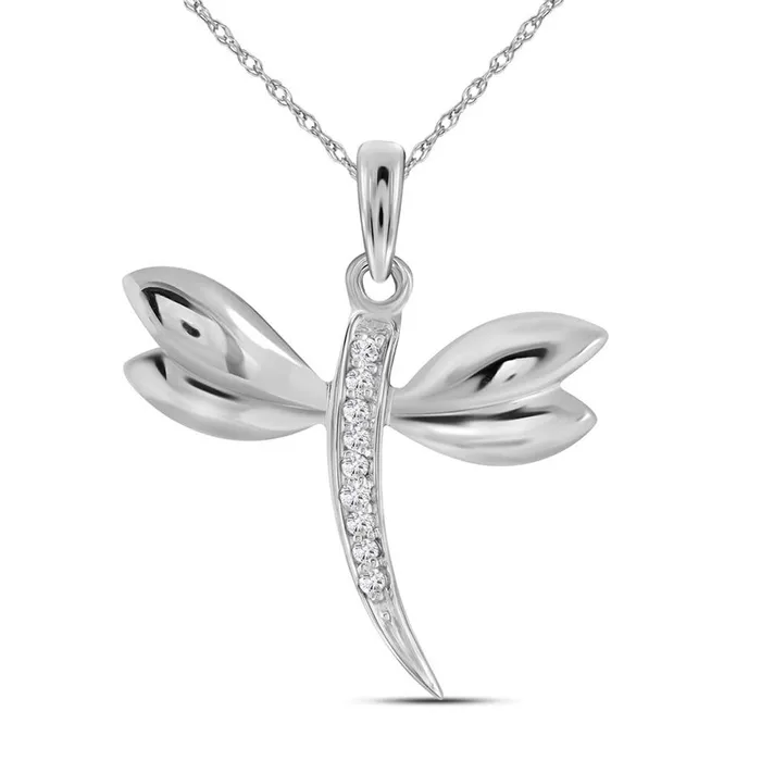 14k White Gold Diamondaccented Dragonfly Winged Insect Charm Pendant 03 Cttw gndatlanta Charm Necklaces