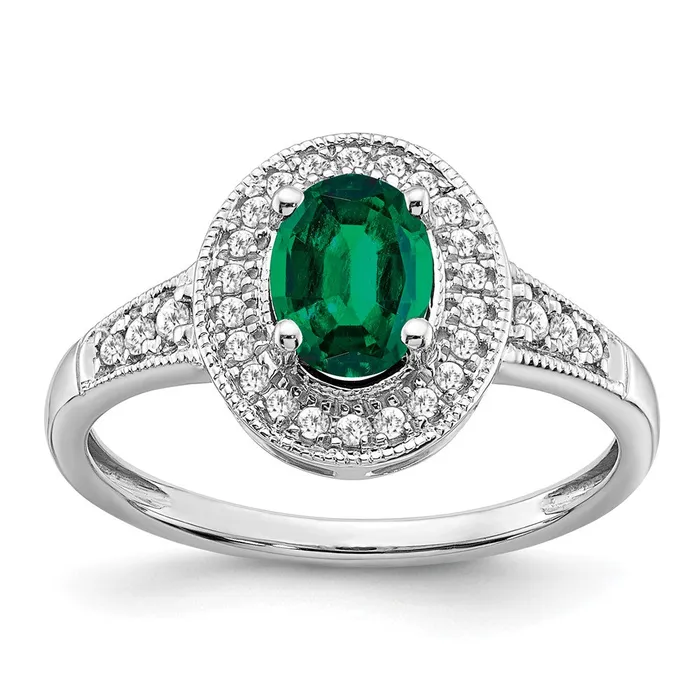14k White Gold Oval Created Emerald and Real Diamond Halo Ring Goldia Rings 14k White Gold Oval Created Emerald and Real Diamond Halo Ring Goldia Rings