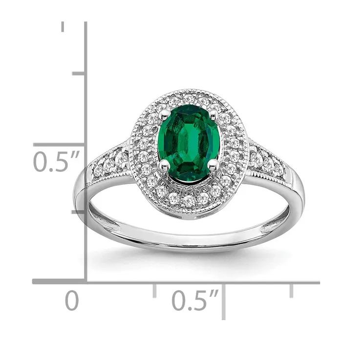 14k White Gold Oval Created Emerald and Real Diamond Halo Ring Goldia Rings