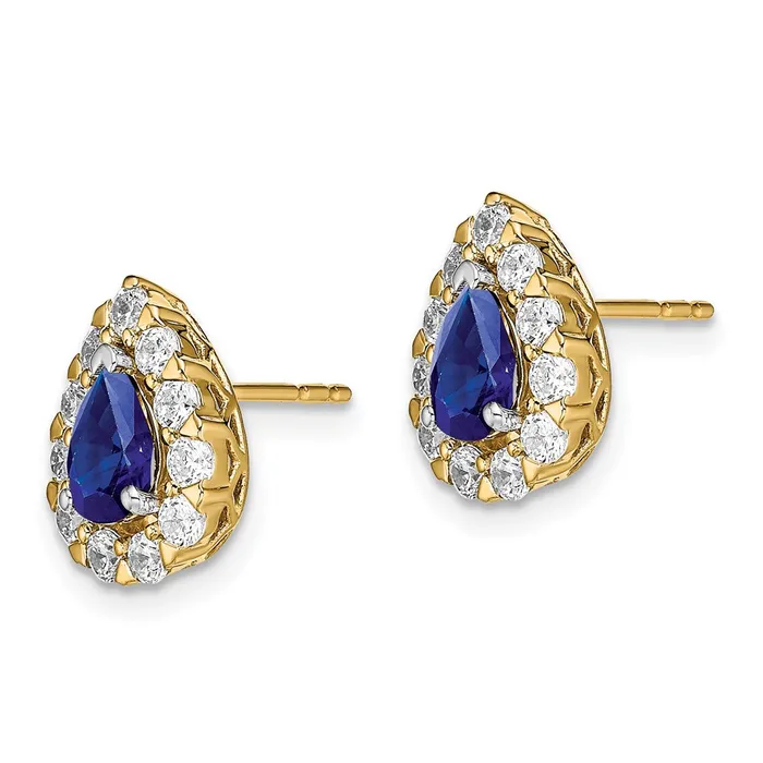 14k Yellow Gold Pear Sapphire and Real Diamond Halo Post Earrings Goldia Earrings