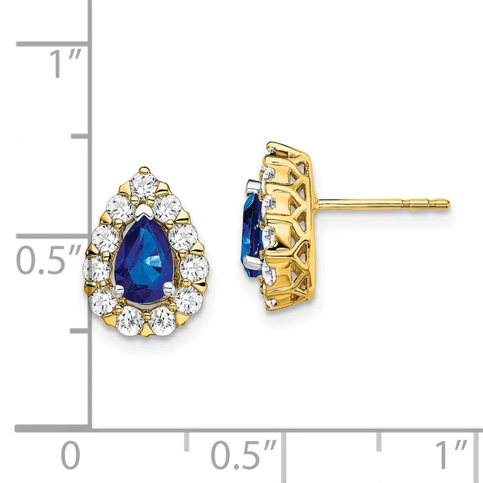 14k Yellow Gold Pear Sapphire and Real Diamond Halo Post Earrings Goldia Earrings