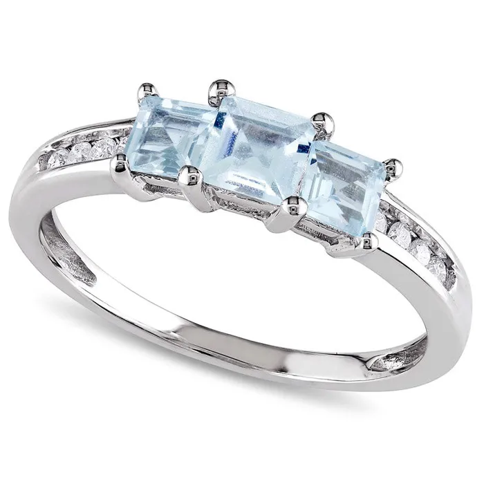 40mm PrincessCut Aquamarine and 010 CT TW Natural Diamond Three Stone Ring in Solid 10K White Gold Goldia Rings 40mm PrincessCut Aquamarine and 010 CT TW Natural Diamond Three Stone Ring in Solid 10K White Gold Goldia Rings