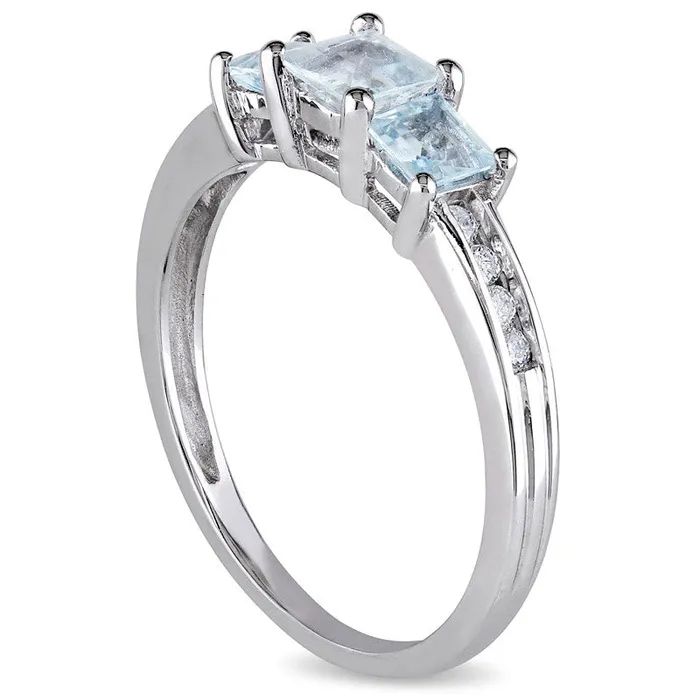 40mm PrincessCut Aquamarine and 010 CT TW Natural Diamond Three Stone Ring in Solid 10K White Gold Goldia Rings 40mm PrincessCut Aquamarine and 010 CT TW Natural Diamond Three Stone Ring in Solid 10K White Gold Goldia Rings