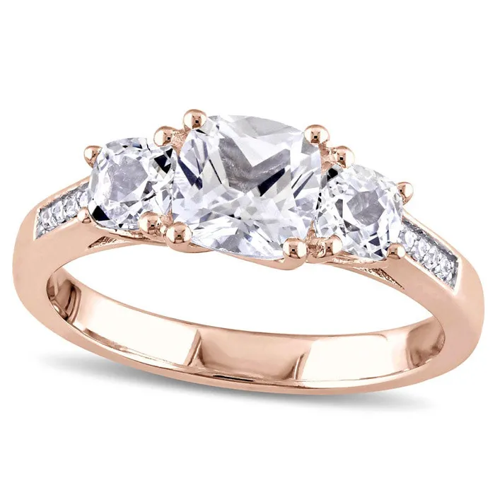 CushionCut LabCreated White Sapphire and Diamond Accent Three Stone Ring in Solid 10K Rose Gold Goldia Rings CushionCut LabCreated White Sapphire and Diamond Accent Three Stone Ring in Solid 10K Rose Gold Goldia Rings
