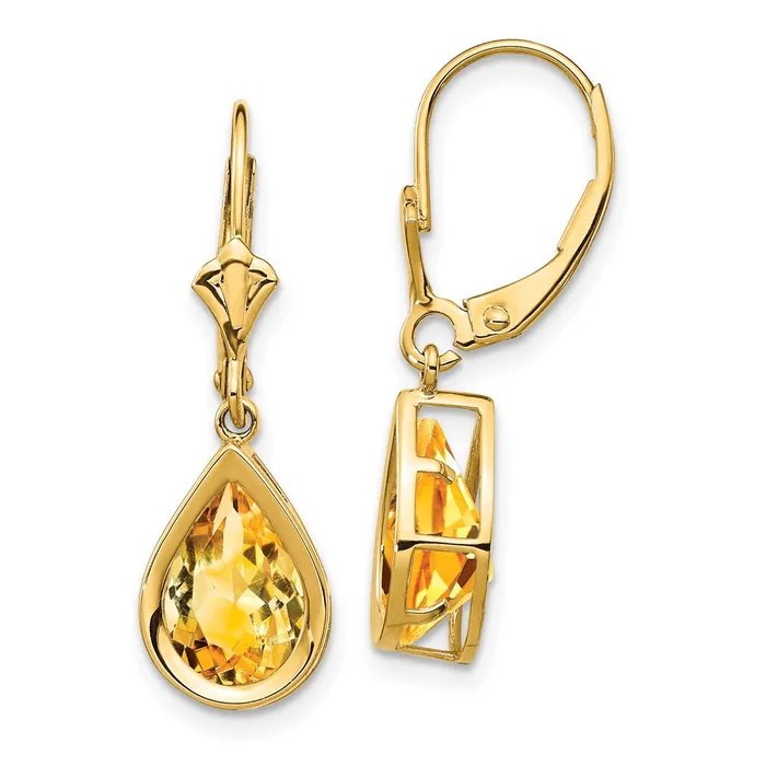 Earrings 14k Yellow Gold 10x7mm Pear Citrine Leverback Earrings Goldia
