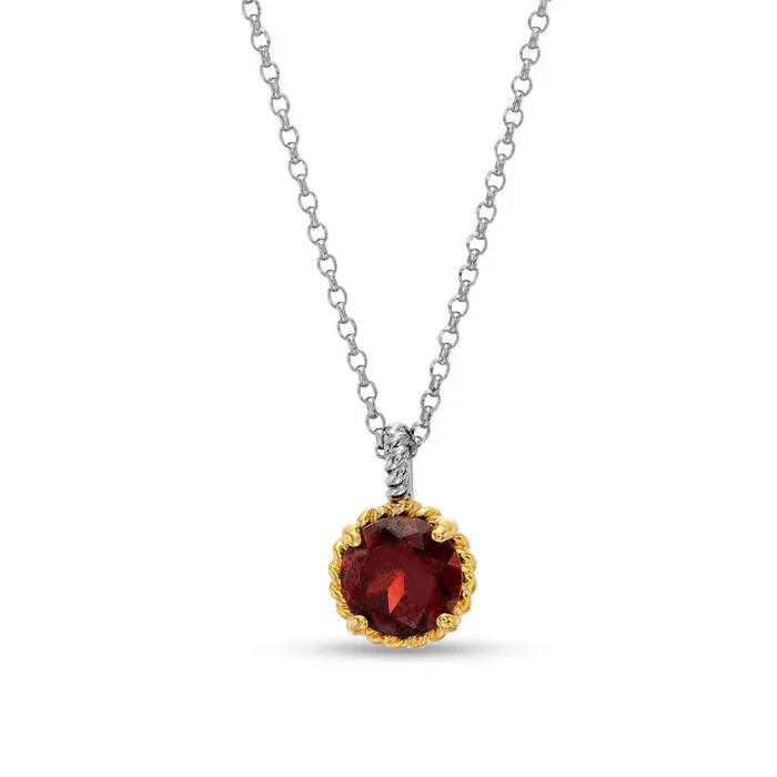 Earrings Goldia 70mm Garnet Solitaire RopeTextured Frame and Drop Pendant in Sterling Silver and 10K Yellow Gold Earrings Goldia 70mm Garnet Solitaire RopeTextured Frame and Drop Pendant in Sterling Silver and 10K Yellow Gold
