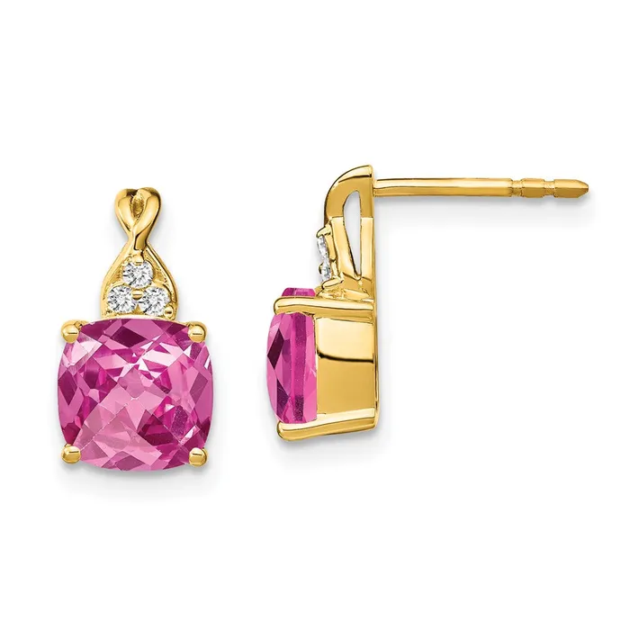Earrings Goldia Solid 14k Yellow Gold ChecKerboard Created PinK Simulated Sapphire and CZ Earrings Earrings Goldia Solid 14k Yellow Gold ChecKerboard Created PinK Simulated Sapphire and CZ Earrings