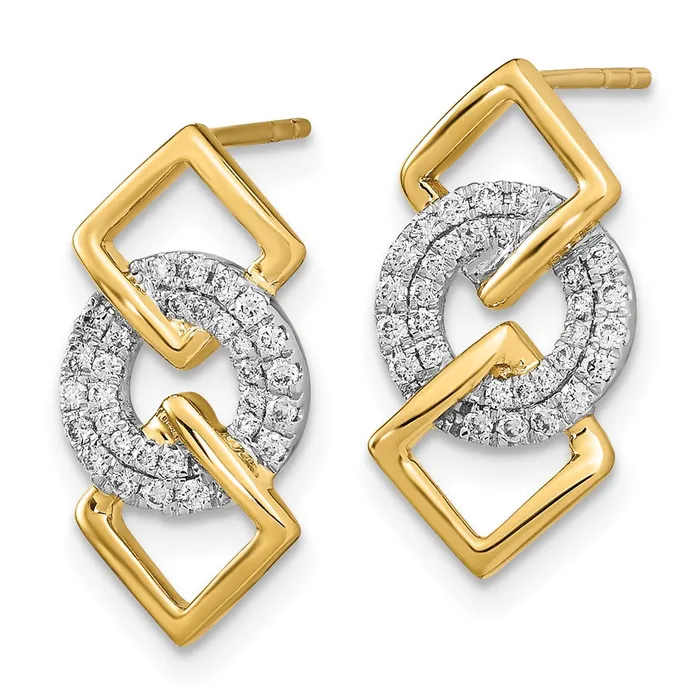 Earrings Solid 14k Twotone Polished Simulated CZ Circle and 2 Square Post Earrings Goldia