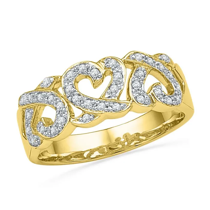 gndatlanta Rings 10k Yellow Gold Round Diamond Triple Heart Band Ring 15 Cttw gndatlanta Rings 10k Yellow Gold Round Diamond Triple Heart Band Ring 15 Cttw