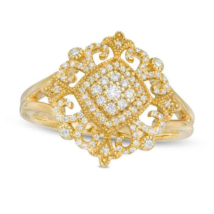 Goldia 025 CT TW Composite Natural Diamond Tilted Cushion Ornate Antique VintageStyle Ring in Solid 10K Yellow Gold Rings Goldia 025 CT TW Composite Natural Diamond Tilted Cushion Ornate Antique VintageStyle Ring in Solid 10K Yellow Gold Rings