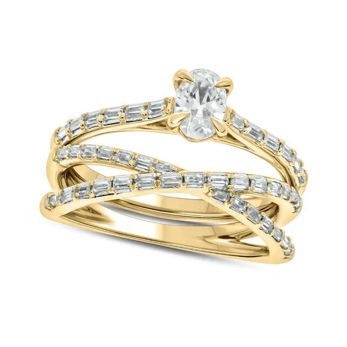 Goldia 075 CT TW Oval and Baguette Natural Diamond Crossover Bridal Engagement Ring Set in Solid 10K Yellow Gold Rings Goldia 075 CT TW Oval and Baguette Natural Diamond Crossover Bridal Engagement Ring Set in Solid 10K Yellow Gold Rings