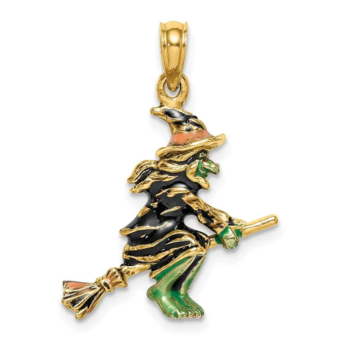 Goldia 14k Yellow Gold 3D Enameled Witch Flying on Broom Charm Charm Necklaces Goldia 14k Yellow Gold 3D Enameled Witch Flying on Broom Charm Charm Necklaces