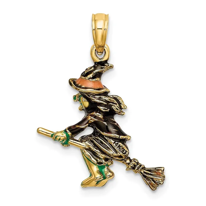 Goldia 14k Yellow Gold 3D Enameled Witch Flying on Broom Charm Charm Necklaces