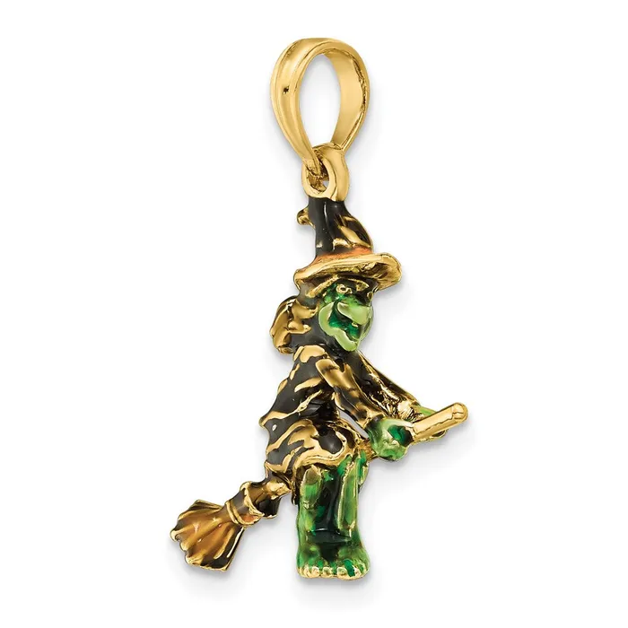 Goldia 14k Yellow Gold 3D Enameled Witch Flying on Broom Charm Charm Necklaces