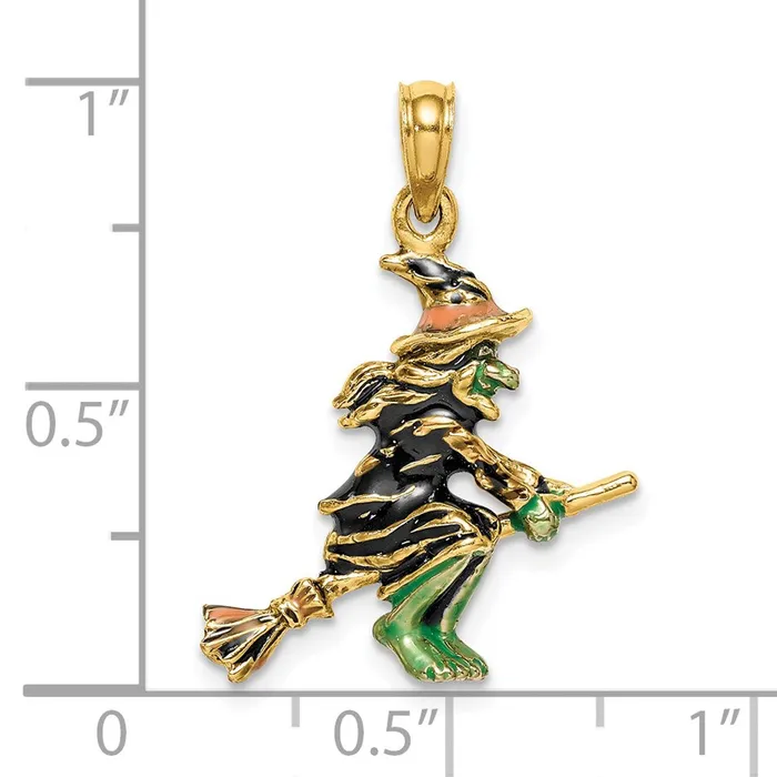 Goldia 14k Yellow Gold 3D Enameled Witch Flying on Broom Charm Charm Necklaces