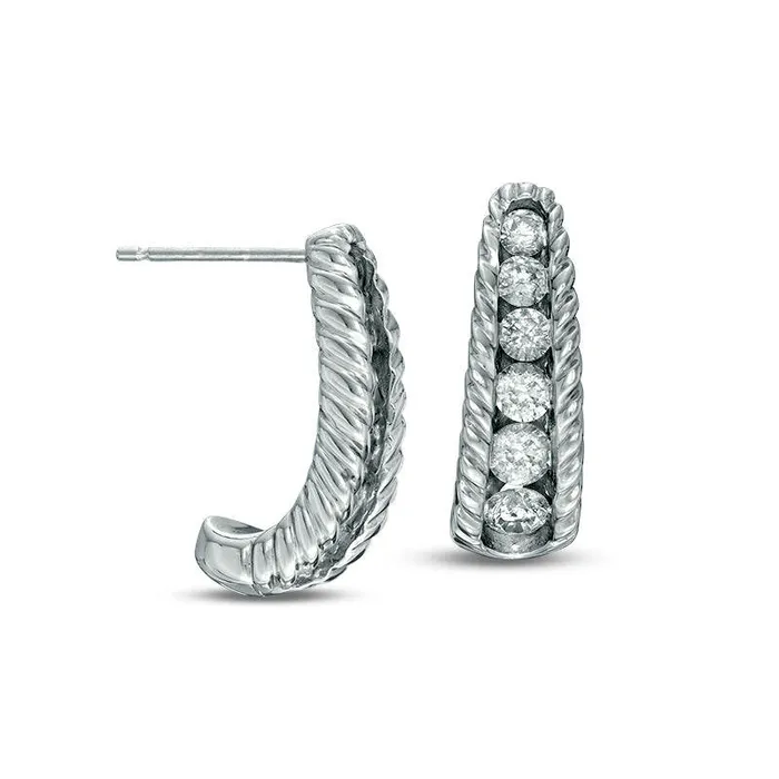 Goldia Earrings 1 CT TW Diamond Textured JHoop Earrings in 10K White Gold Goldia Earrings 1 CT TW Diamond Textured JHoop Earrings in 10K White Gold