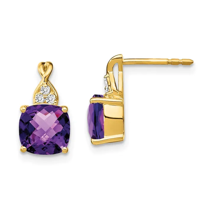 Goldia Earrings Solid 14k Yellow Gold ChecKerboard Simulated Amethyst and CZ Earrings Goldia Earrings Solid 14k Yellow Gold ChecKerboard Simulated Amethyst and CZ Earrings