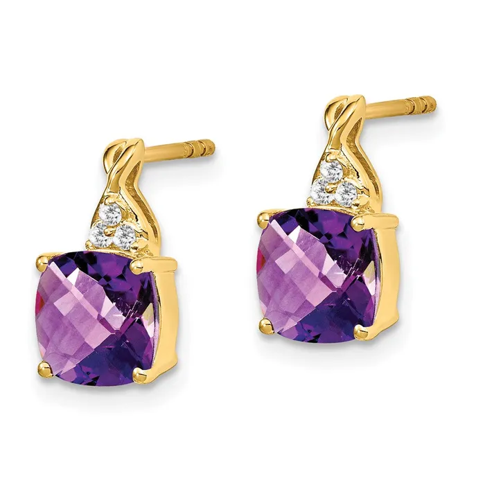 Goldia Earrings Solid 14k Yellow Gold ChecKerboard Simulated Amethyst and CZ Earrings