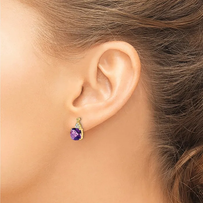 Goldia Earrings Solid 14k Yellow Gold ChecKerboard Simulated Amethyst and CZ Earrings