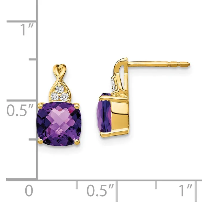 Goldia Earrings Solid 14k Yellow Gold ChecKerboard Simulated Amethyst and CZ Earrings