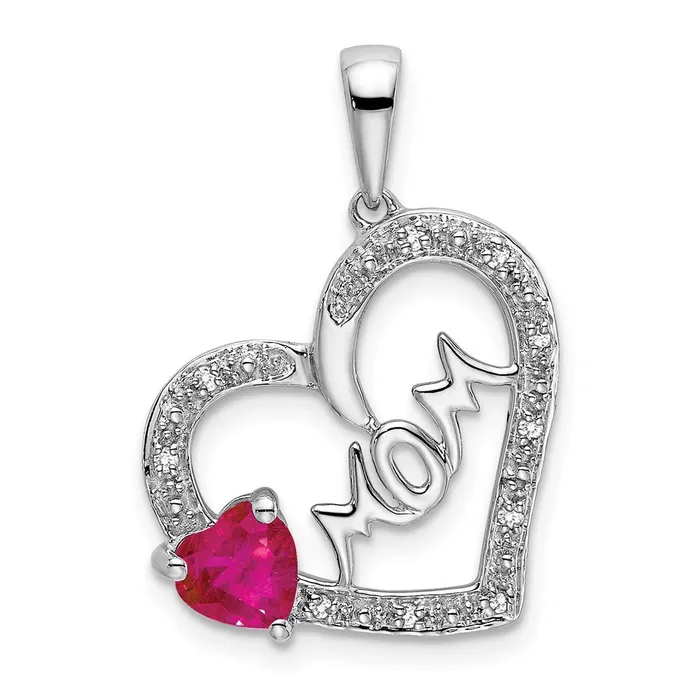 Goldia Necklaces 14k White Gold Ruby and Real Diamond MOM Heart Pendant