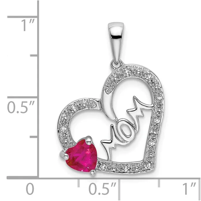 Goldia Necklaces 14k White Gold Ruby and Real Diamond MOM Heart Pendant
