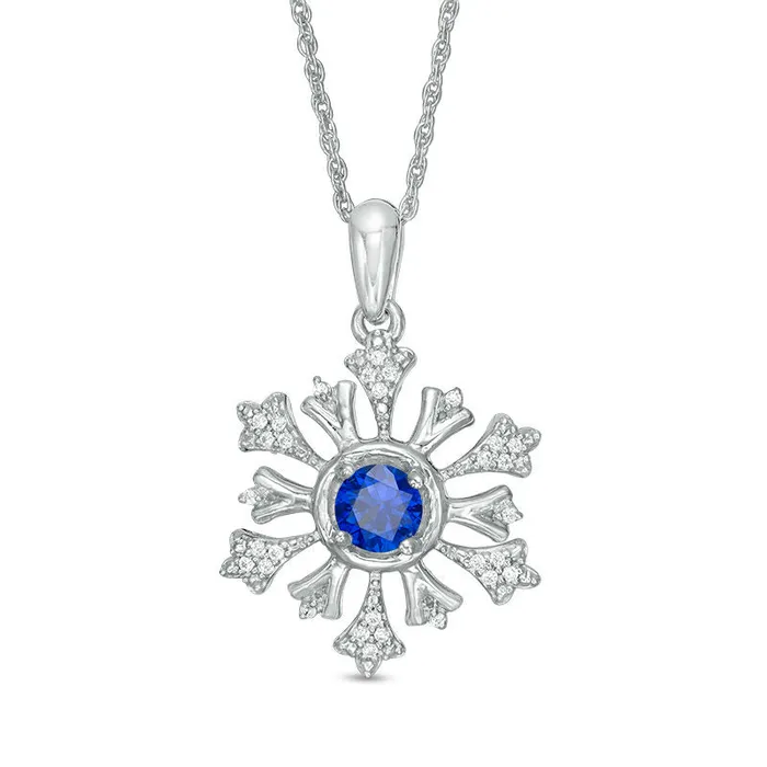 Goldia Necklaces 45mm LabCreated Blue Sapphire and 01 CT TW Diamond Snowflake Pendant in Sterling Silver Goldia Necklaces 45mm LabCreated Blue Sapphire and 01 CT TW Diamond Snowflake Pendant in Sterling Silver