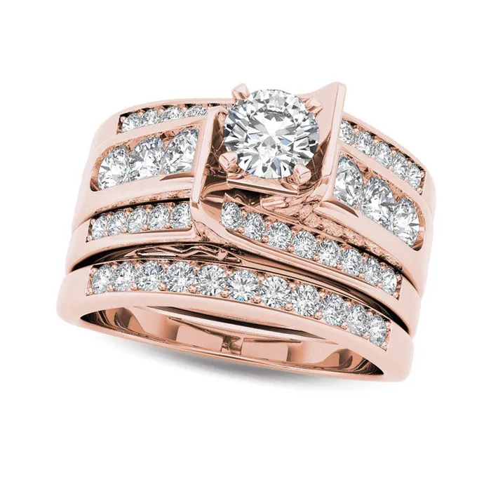 Goldia Rings 125 CT TW Natural Diamond MultiRow Bridal Engagement Ring Set in Solid 14K Rose Gold