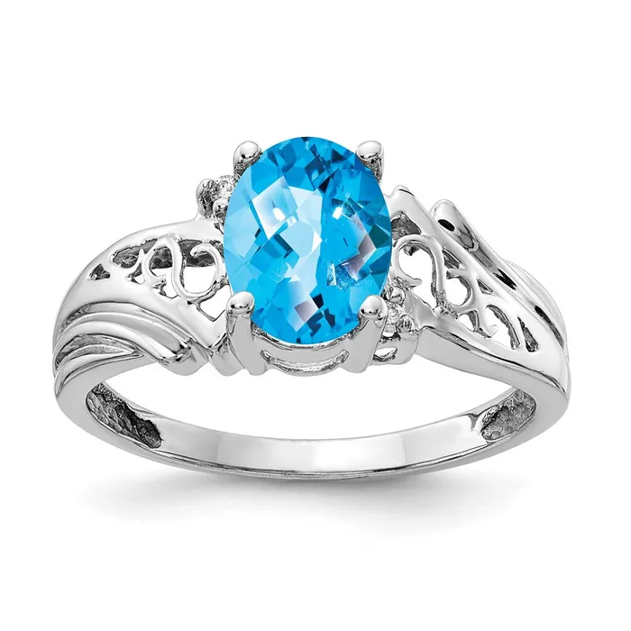 Goldia Rings 14k White Gold 8x6mm Oval Blue Topaz Checker AAA Diamond ring