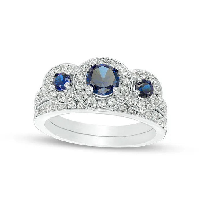 Goldia Rings LabCreated Blue and White Sapphire Frame Three Stone Bridal Engagement Ring Set in Solid 10K White Gold Goldia Rings LabCreated Blue and White Sapphire Frame Three Stone Bridal Engagement Ring Set in Solid 10K White Gold