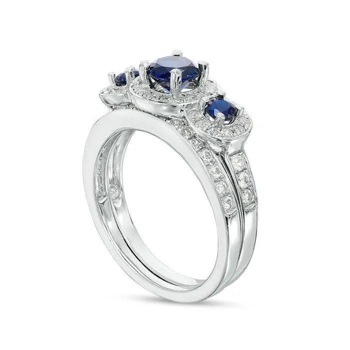 Goldia Rings LabCreated Blue and White Sapphire Frame Three Stone Bridal Engagement Ring Set in Solid 10K White Gold Goldia Rings LabCreated Blue and White Sapphire Frame Three Stone Bridal Engagement Ring Set in Solid 10K White Gold