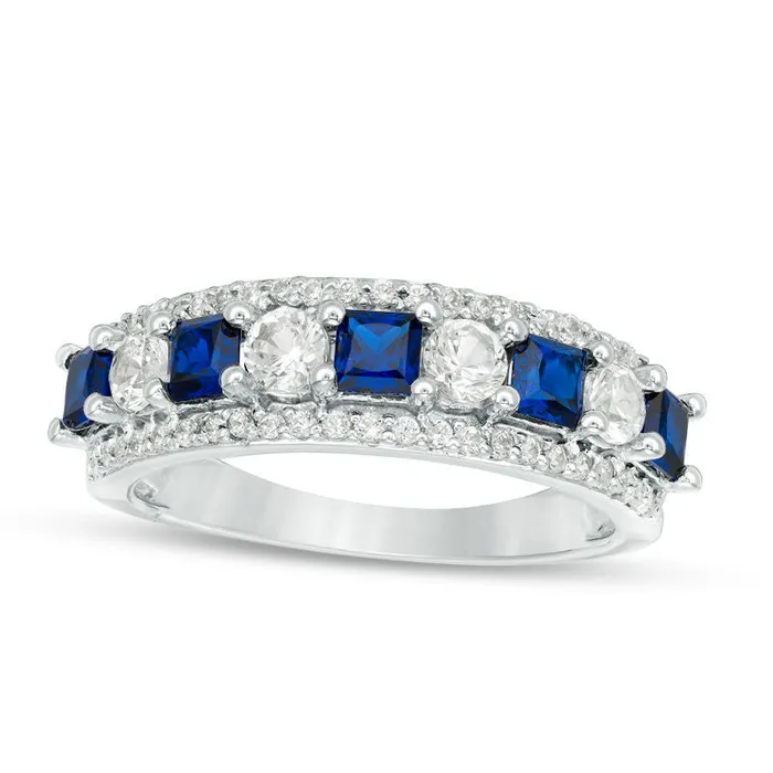 Goldia Rings PrincessCut LabCreated Blue and White Sapphire with 025 CT TW Diamond Alternating Motif Ring in Solid 10K White Gold Goldia Rings PrincessCut LabCreated Blue and White Sapphire with 025 CT TW Diamond Alternating Motif Ring in Solid 10K White Gold