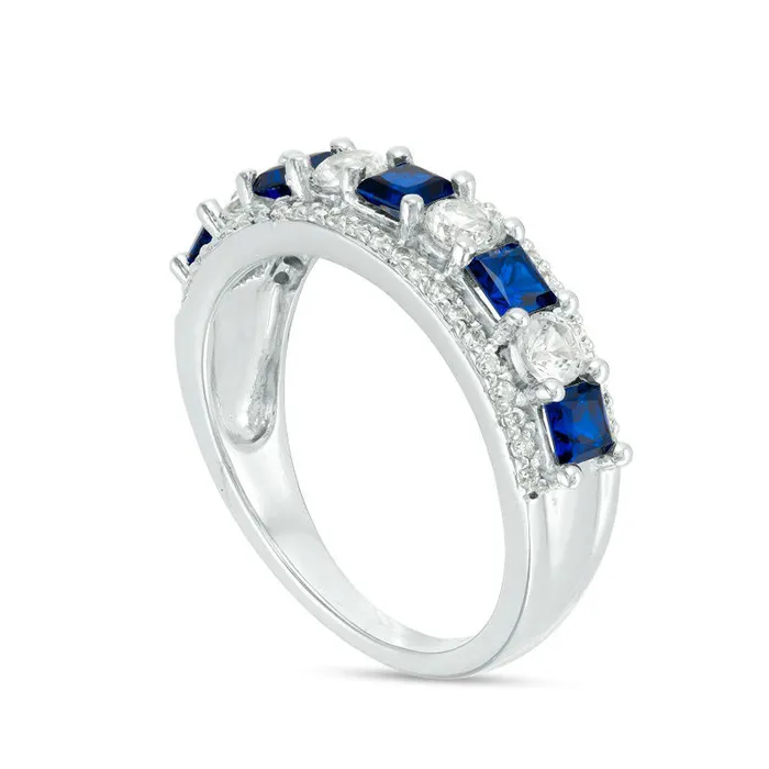 Goldia Rings PrincessCut LabCreated Blue and White Sapphire with 025 CT TW Diamond Alternating Motif Ring in Solid 10K White Gold Goldia Rings PrincessCut LabCreated Blue and White Sapphire with 025 CT TW Diamond Alternating Motif Ring in Solid 10K White Gold