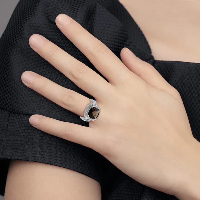 Goldia Sterling Silver Rhodium CheckerCut Smoky Quartz u0026 Diamond Ring Rings