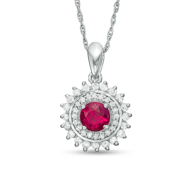 LabCreated Ruby and 025 CT TW Diamond Sunburst Frame Pendant in Sterling Silver Goldia Necklaces LabCreated Ruby and 025 CT TW Diamond Sunburst Frame Pendant in Sterling Silver Goldia Necklaces