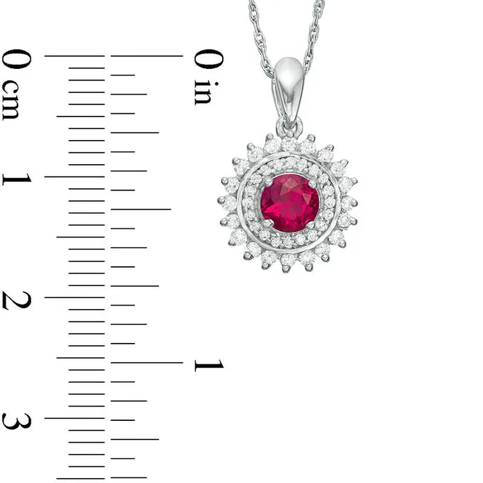 LabCreated Ruby and 025 CT TW Diamond Sunburst Frame Pendant in Sterling Silver Goldia Necklaces LabCreated Ruby and 025 CT TW Diamond Sunburst Frame Pendant in Sterling Silver Goldia Necklaces
