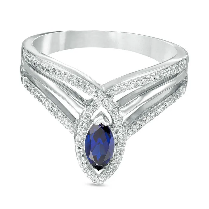 Marquise LabCreated Blue Sapphire and 033 CT TW Diamond Frame Triple Row Ring in Sterling Silver Goldia Rings Marquise LabCreated Blue Sapphire and 033 CT TW Diamond Frame Triple Row Ring in Sterling Silver Goldia Rings