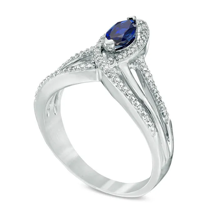 Marquise LabCreated Blue Sapphire and 033 CT TW Diamond Frame Triple Row Ring in Sterling Silver Goldia Rings Marquise LabCreated Blue Sapphire and 033 CT TW Diamond Frame Triple Row Ring in Sterling Silver Goldia Rings