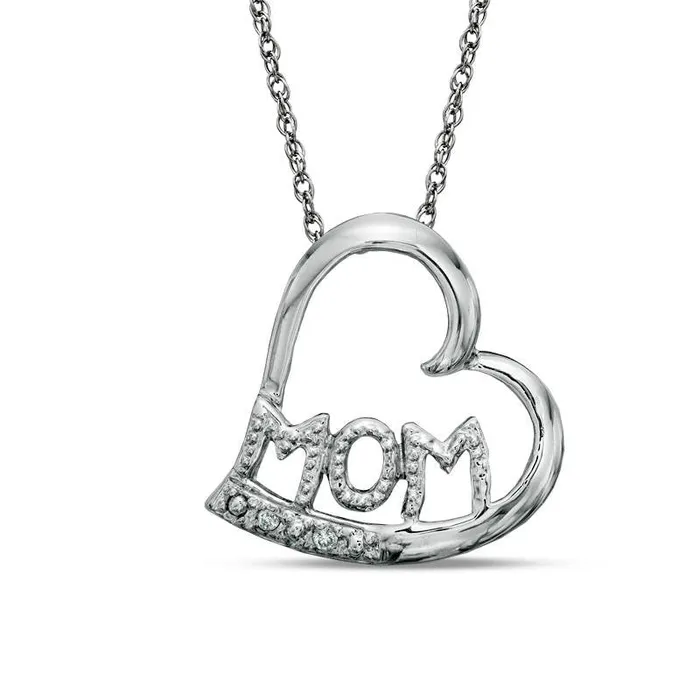 Natural Diamond Accent Tilted Heart with MOM Pendant in 10K White Gold Goldia Necklaces Natural Diamond Accent Tilted Heart with MOM Pendant in 10K White Gold Goldia Necklaces