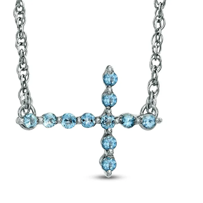 Necklaces Blue Topaz Sideways Cross Necklace in Sterling Silver Goldia